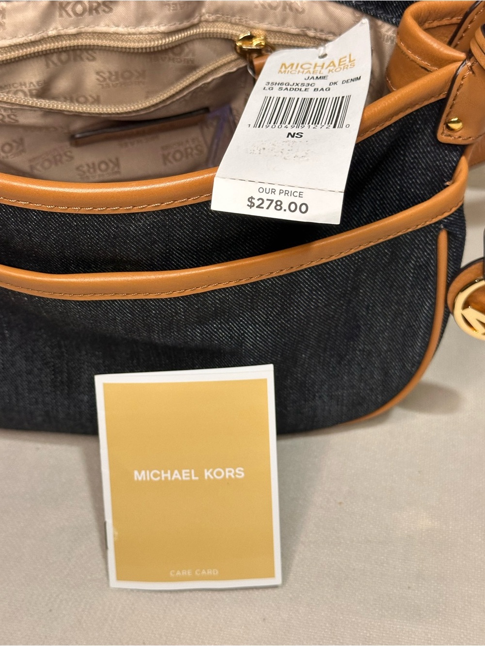 Michael Kors Jamie Denim and Tan Leather Crossbody Saddle Bag - Picture 7 of 14